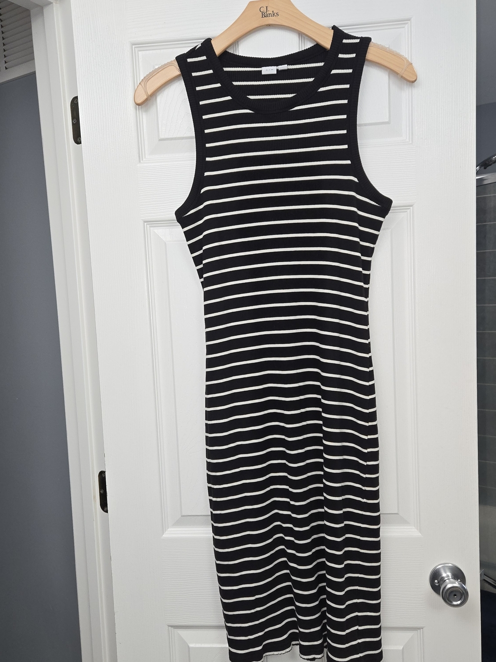 GAP Black White Striped Ribbed Knit High Neck Midi Tank Dress XL | Bodycon